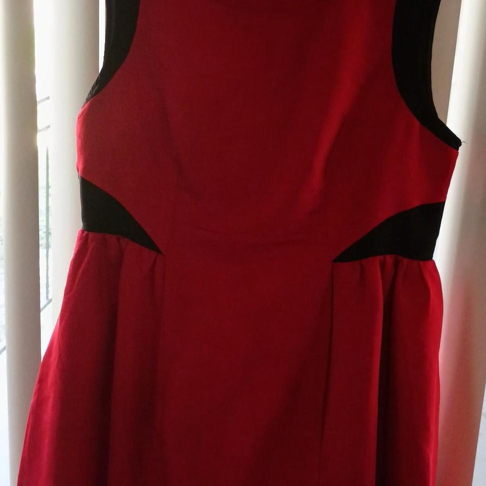 plus size 14 sleeveless zip up closure in back red and black A line midi dress